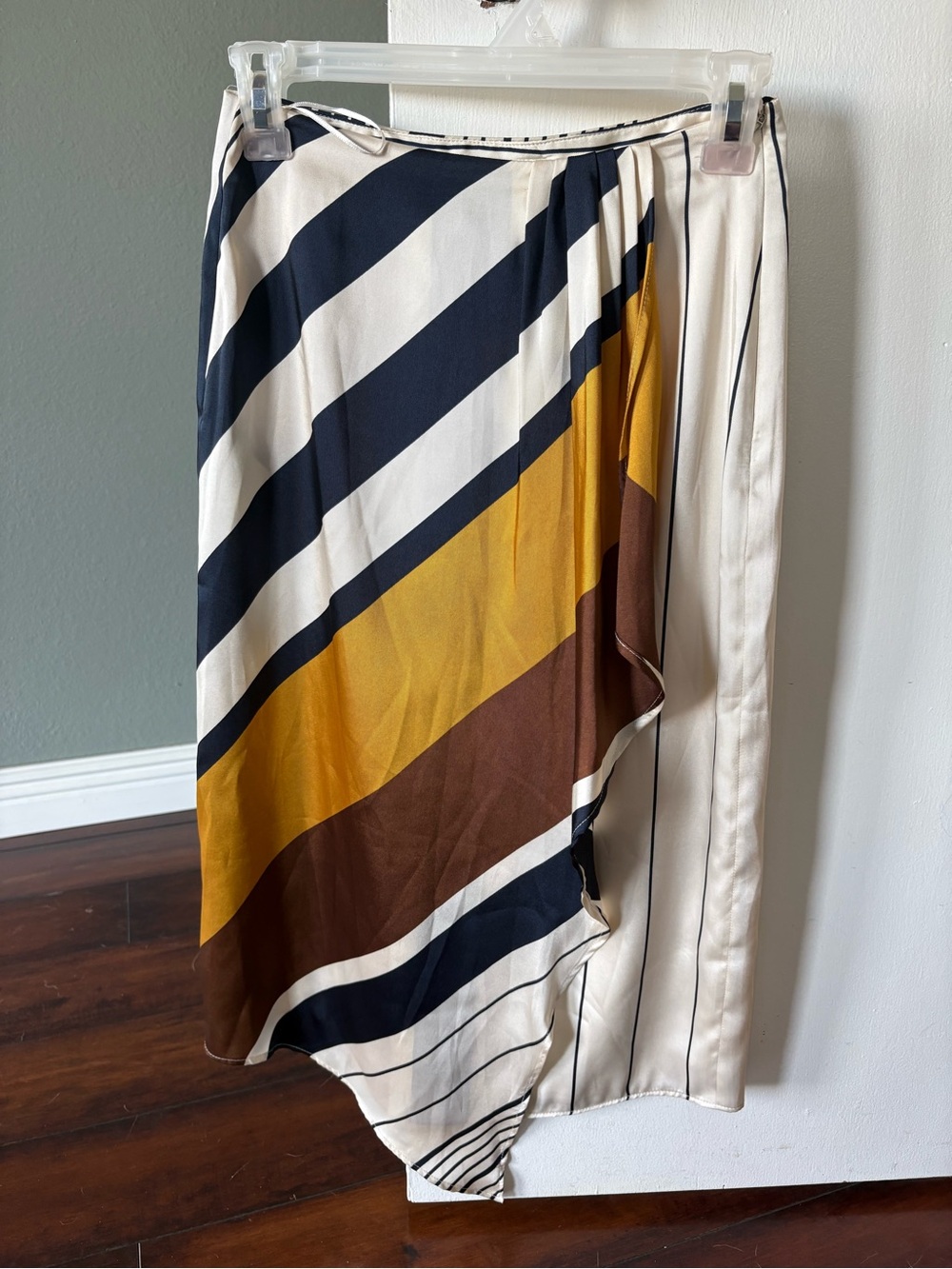 Mango Suit Skirt - Striped Asymmetric Midi in Navy, Mustard & Brown